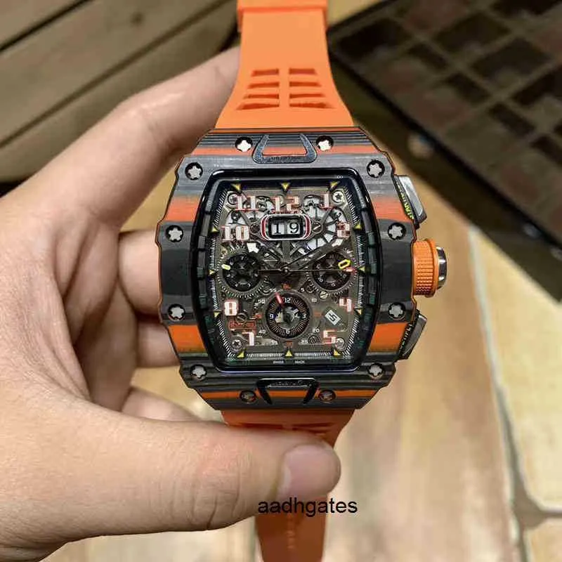 Luxe heren mechanica horloges Richa polshorloge zakelijk vrije tijd Rm11-03 multifunctionele automatische machine oranje koolstofvezel tape molen horloge