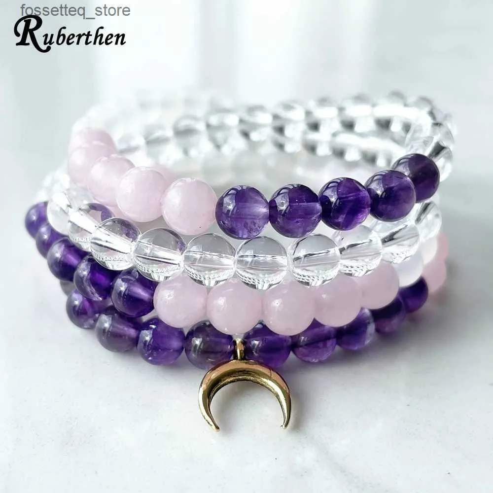 Bracelets Charm Ruberthen 6 mm Cristales naturales 108 Mala Mujeres S Amatista Rose Quartz Clear Quartz Yoga Mala Joya Mala L240319