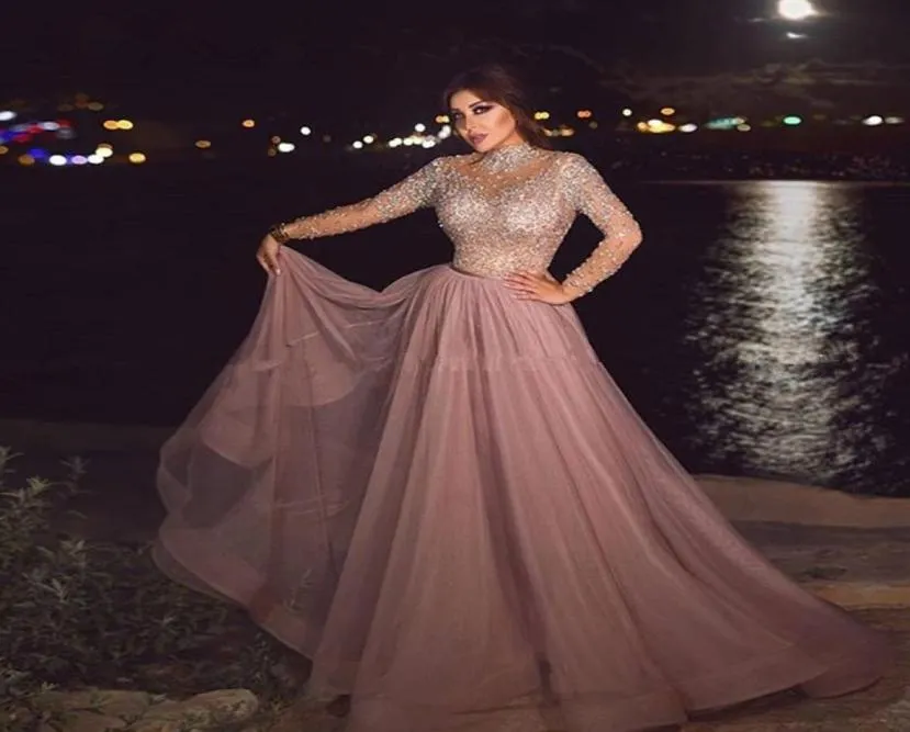 Stehkragen, staubiges Rosa, muslimisches Abendkleid, Illusion, lange Ärmel, Kristallperlen, Übergröße, arabische formelle Kleider für Frauen, Dubai, Abschlussball 4174677