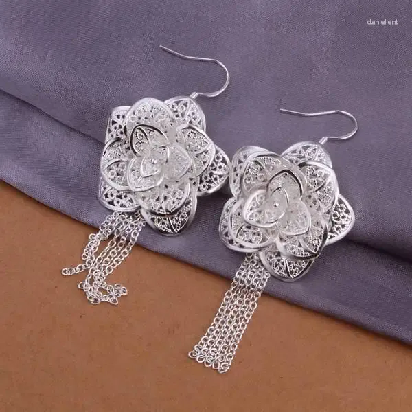 Orecchini pendenti eleganti fiori cavi da donna carini bellissimi orecchini con ciondolo color argento gioielli grandi