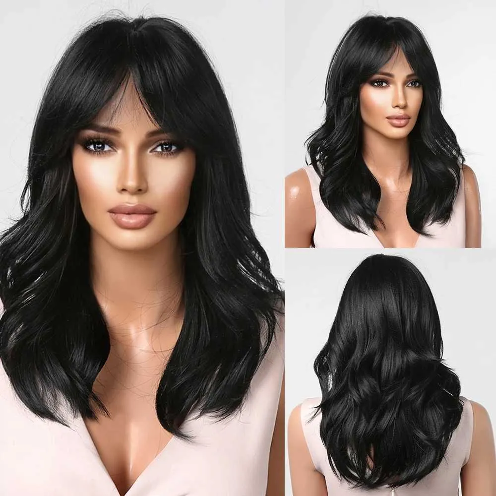 Synthetic Wigs Cosplay Wigs EASIHAIR Medium Length Synthetic Wigs Black Wavy Wigs for Women with Bangs Natural Wave Daily Party Use Wig Heat Resistant Fiber 240329