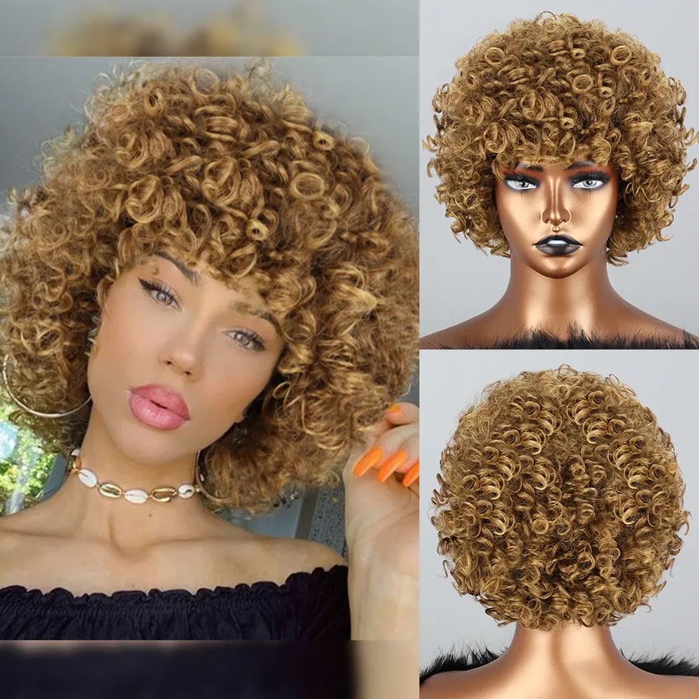 Perruques courtes curly afro blonde perruque avec frange des perruques de longueur d'épaule afro perruques coquelures synthétiques boucles pleines perruque noire perruque naturelle