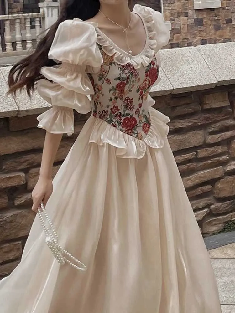 Basic Casual Dresses Vintage Floral Dress Women O-neck Casual Evening Party Midi Dress Sleeve Korea Fairy Dress 24319