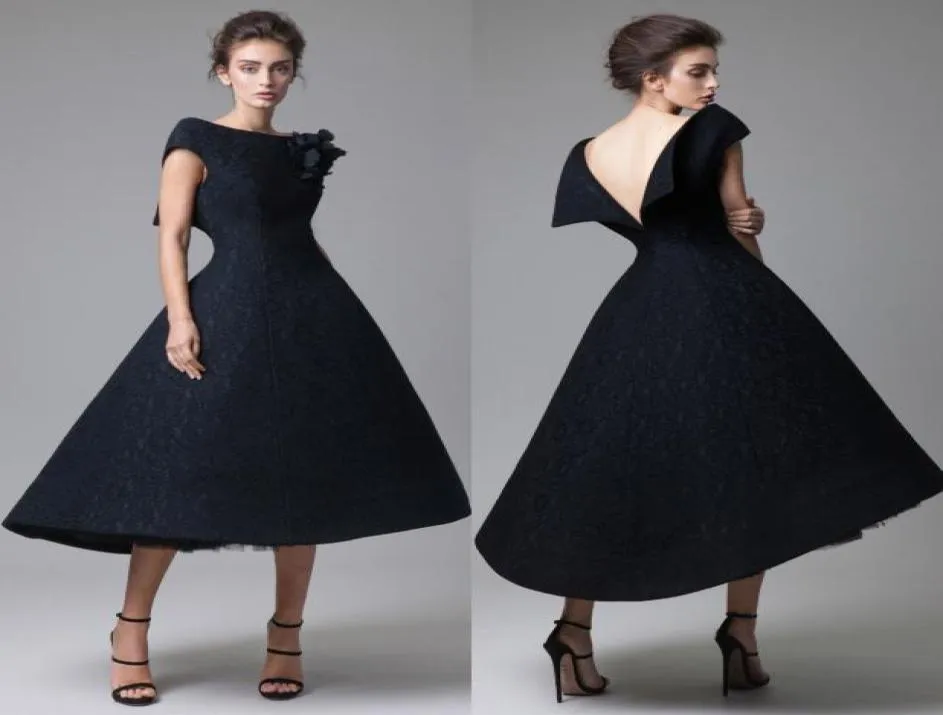 Krikor Jabotian Elegant Black Dresses Lace Tulle Made Flowers Tea Length Prom Gowns Plus High Quality Formal Par1369710