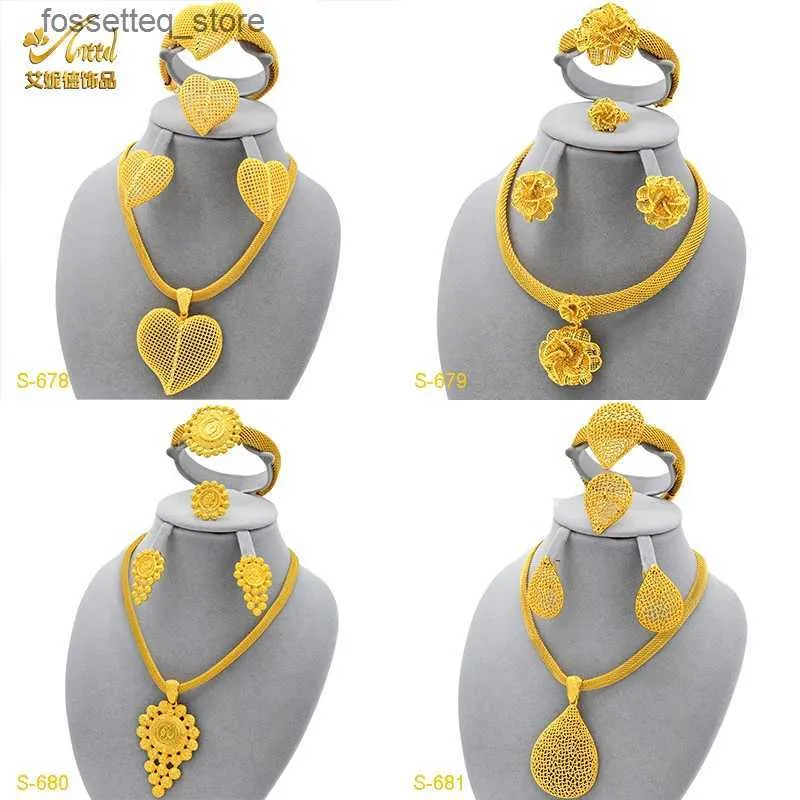 Charm-Armbänder Dubai Hochzeit Braut 24 Karat Gold Farbe Blumenanhänger Schmucksets für Frauen Afrikanischer Charme Halskette Ohrringe Set Arabische Partygeschenke L240319