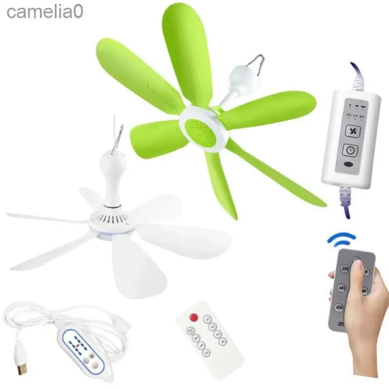 Ventilatori elettrici Silenzioso 6 foglie Ventilatore a soffitto alimentato tramite USB con temporizzazione del telecomando Ventilatore sospeso a 4 velocità per tenda da campeggio Dormitorio NewC24319