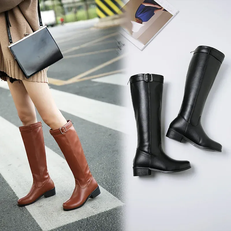 Boots YMECHIC 2020 New Chunky Heels Women Winter Boots Black Brown Design Riding Long Knight Knee High Boots Female Shoes 43 42