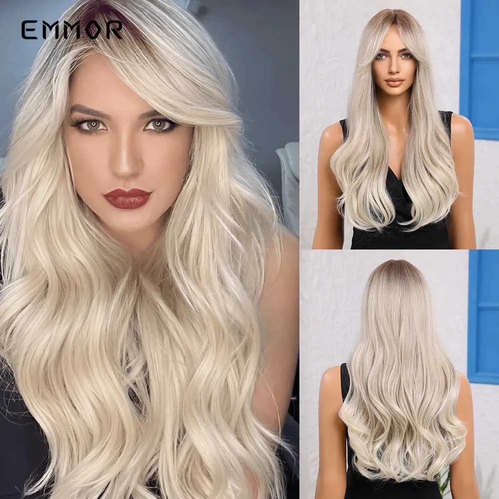 Parrucche sintetiche Parrucche in pizzo Emmor Ombre Parrucca per capelli biondi Parrucche sintetiche lunghe ondulate con frangia per donne Cosplay Fibra naturale ad alta temperatura 240328 240327