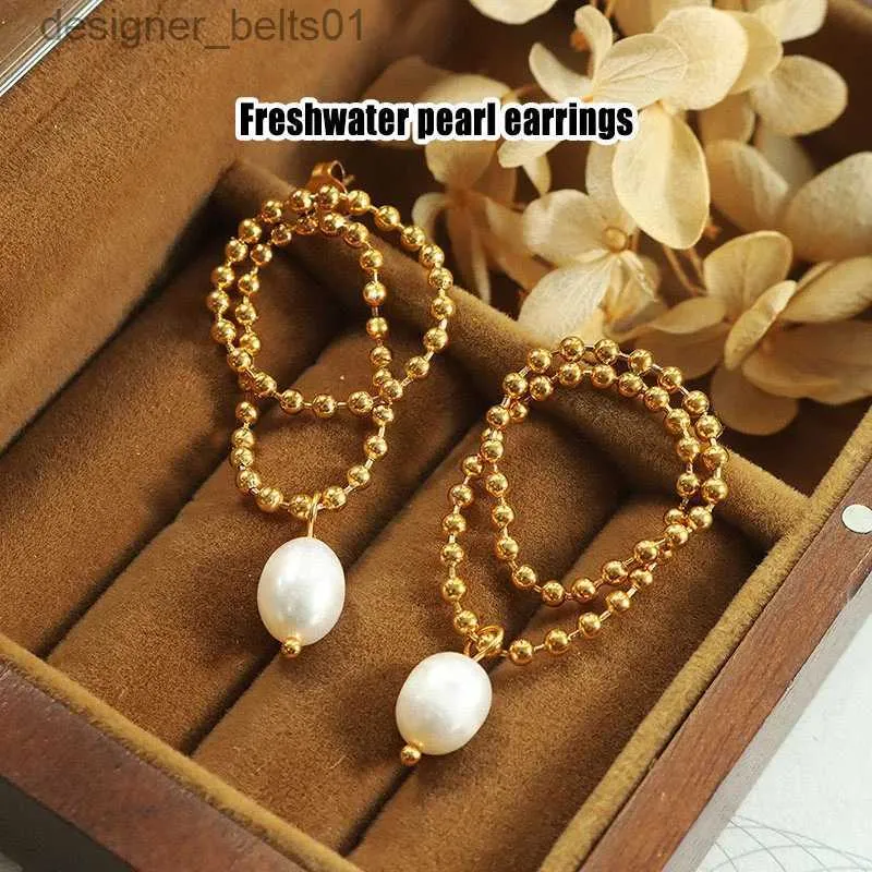 Stud À la mode perle d'eau douce chaîne de perles souples double boucles d'oreilles femme titane steelC24319