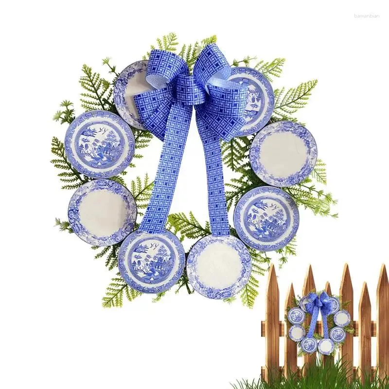 Decorative Flowers Blue Willow Christmas Wreath Front Door Decoration 15inch White Porcelain Plate Farmhouse WreathDecor