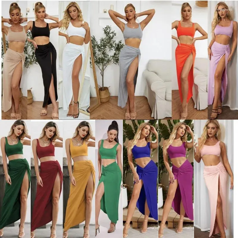 Vestidos casuais tiras sem alças em um longo puro-cor de alta divisão de duas peças terno feminino o vestido de verão