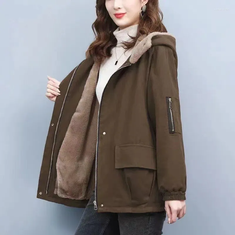 Women's Trench Coats 2024 Autumn Winter Women Jackets Plushed Warm Hooded Parkas Cotton Padded Jacket Clothes Outerwear Female Tops