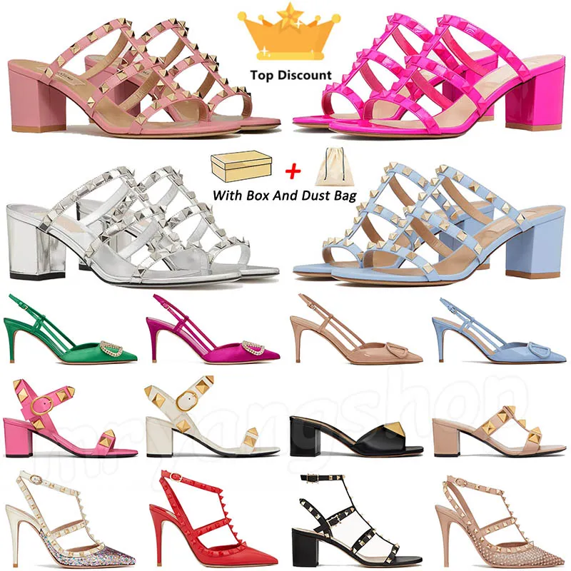 Designer High Heel Shoe Woman With Box Valentijnsdag Slingback Zwart roze Spikes Heels Kitten Silver White Gold Point Toe Toe Sandaalplatform Dameskledingschoenen