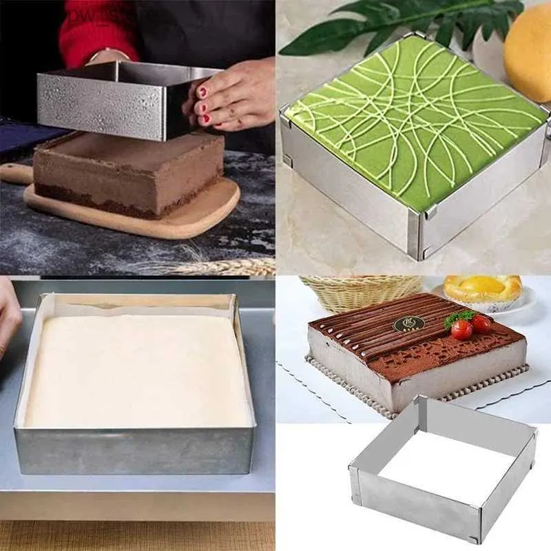 Bakvormen Vierkant RVS Cakevorm Ring Verstelbare Stretch Vierkante Mousse Cirkel Taartversieringsgereedschap Mousse Dessert Bakvorm L240319