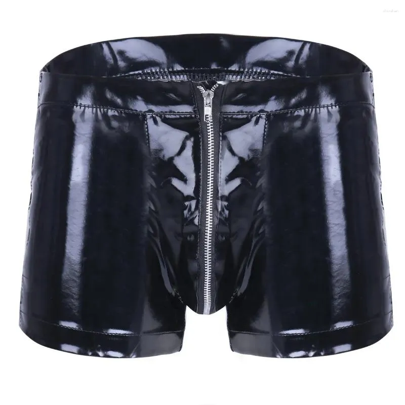 Men's Shorts Glossy Sexy PVC Leather Side Lace-up Zipper Bulge Pouch Latex For Nightclub Party Stage Male Dance Pants