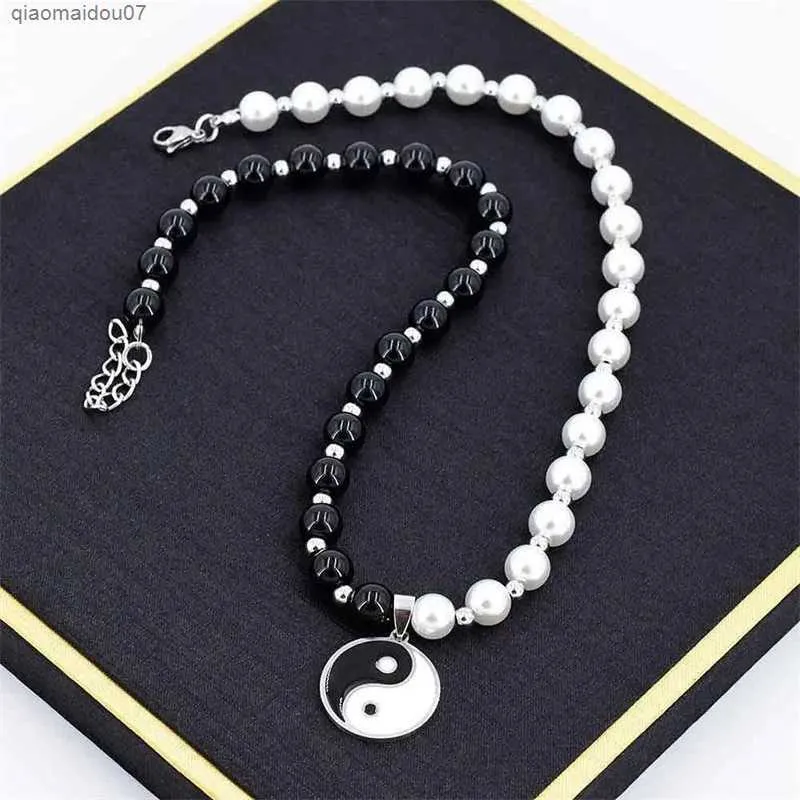 Hanger Kettingen Zwart Wit Taoïsme Yin Yang Ronde Charme Kralen Faux Parel Tai Chi Choker Ketting voor Mannen Vrouwen Bescherming geluk Sieraden GeschenkenL2403L2403