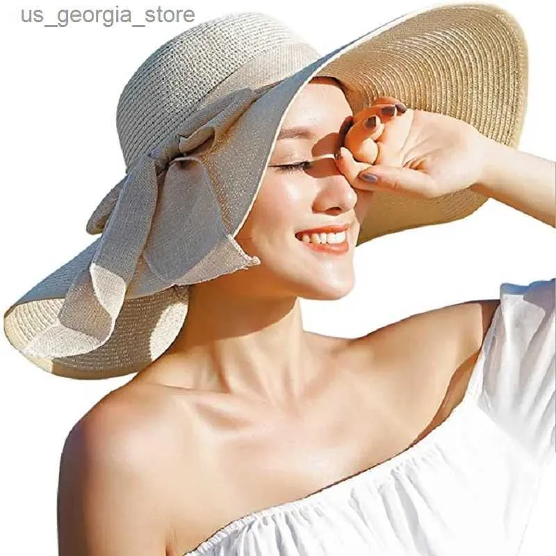 Breda randen hattar hink hattar 24 färg kvinnors sol hatt bred grim upf 50 sommarhatt vikbar rulla upp mjuk vadderad strandhatt y240319
