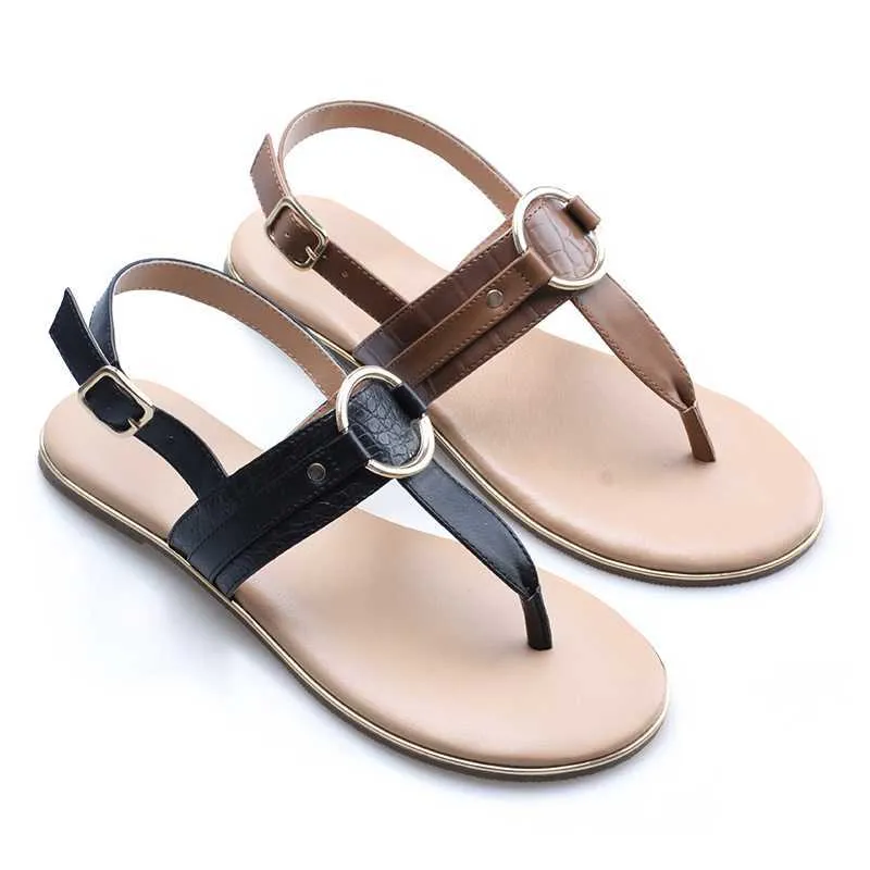 HBP Non-Brand Die modischen Damen-Sandalen zum Hineinschlüpfen mit T-Riemen, weicher Innensohle und Schnalle, elastisch, flach