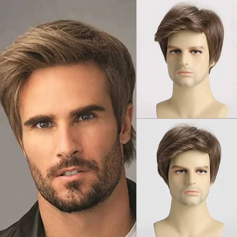 Syntetiska peruker Mens Korta peruk Syntetiskt hår Slät naturlig Pixie Cut Toupeemale Hair Fleeciness Realistic Natural Brown Wigs 240328 240327