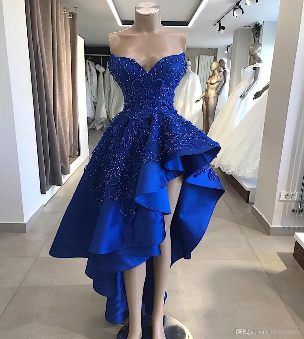 Sexy incroyable bleu royal haut bas robes de cocktail image réelle une ligne perlée appliques chérie asymétrique bal robes de soirée2714062