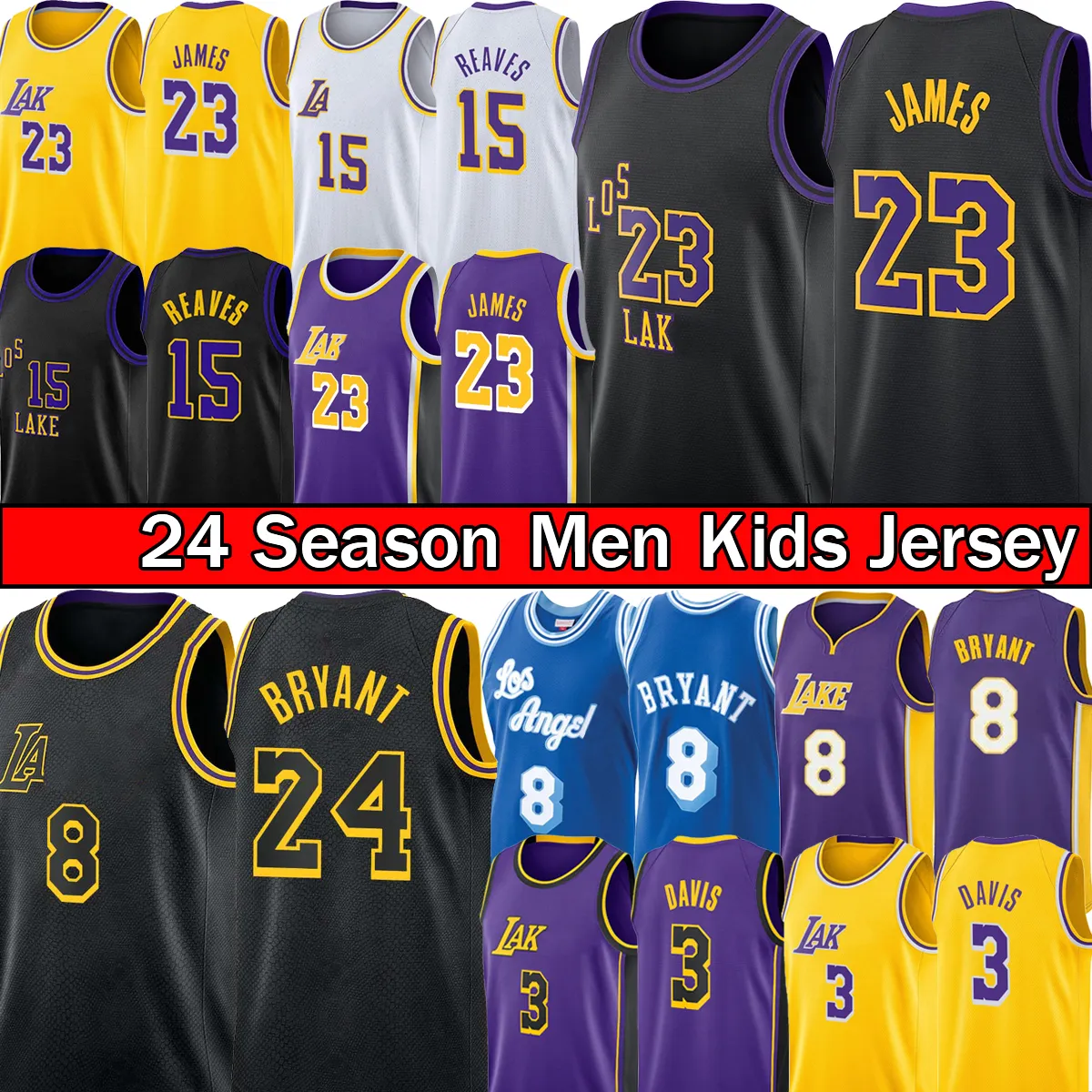 Bryant 6 Lebron 23 James Lakeres 2023-24 Basketball Jersey Austin D'angelo Russell Anthony 3 Davis Los City Angele Men Kids Ed Retro Breathable Shirt