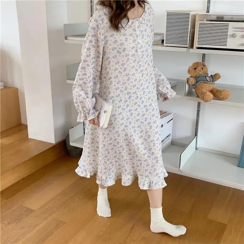 Women's Sleepwear Cotton Women Chinese Style Nightie Floral Print Long Nightgrown Autumn White Fairy Dress Nightwear Dressing Gown