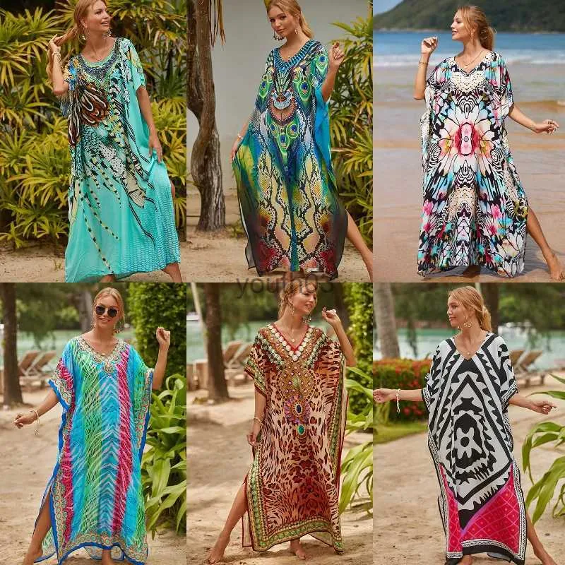 Saias Skorts Verão Mulheres Sexy Beach Dress V-Neck Túnica Sarong Swimwear Kaftan Robe Sundress Color Print Bikini Cover Up Oversized Maxi Dress 240319