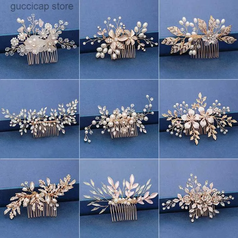 Tiaras Trendy Handmade Tiara Wedding Hair Comb Leaf flower Bridal Headpiece Gold Pearl Rhinestone Head Jewelry Wedding Hair Accessories Y240319