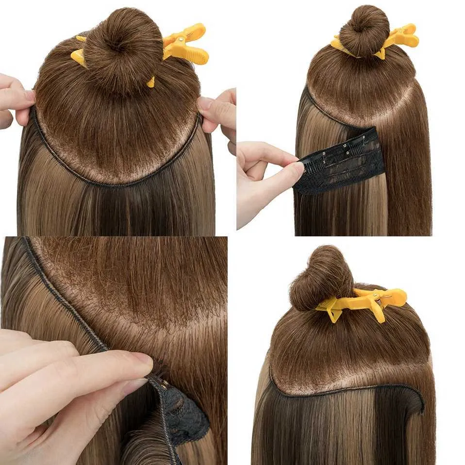 Perruques synthétiques synthétique longue vague bouclée coiffure 5 clips dans les cheveux 18 pouces une pièce postiche brun blond noir faux cheveux pour les femmes 240329