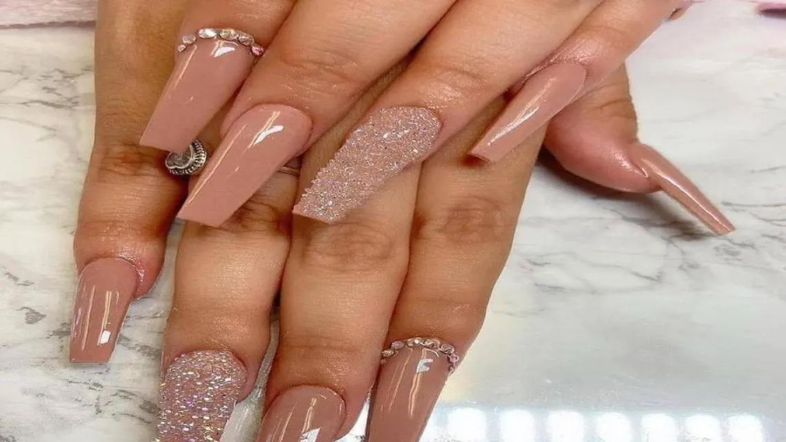 False Nails Nude Press On Rhinestone XL Length Coffin Fake Nail Tips Pre Designed Z1609483206