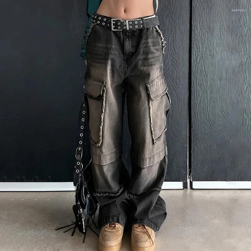 Women's Jeans KOXINVES Street Washed Women Cargo Pants 2024 Spring Straight Patchwork Pocket Gradient Color High Waist Loose Casual