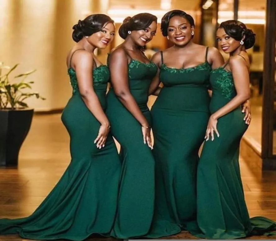 Dark Green Dubai Mermaid Bridesmaids Dresses Spaghetti Strap Backless Lace Applique Maid of Honor Wedding Guest Party Gowns Custom8575872