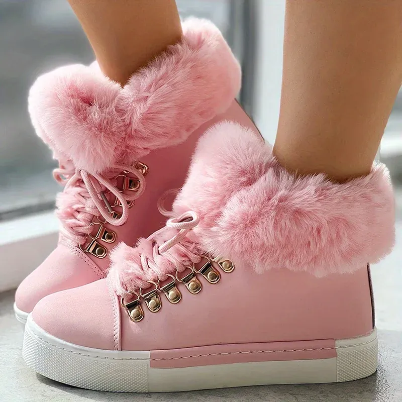 Boots Women Solid Color Boots Lace Up Hightop Round Toe Nonslip Fluffy Velvet Warm Shoes Winter Snow Comfy Shoes