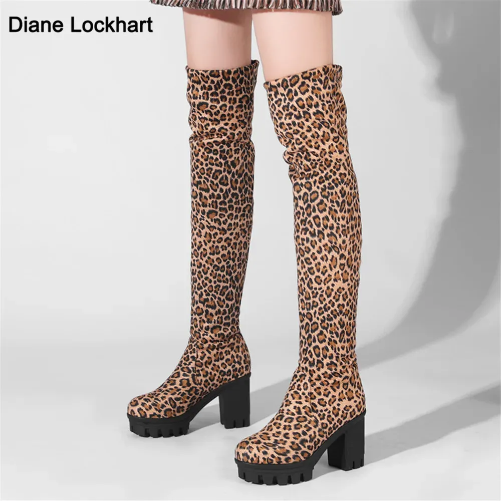 Boots New 2023 Over the Knee Boots Women Faux Suede Thigh High Boots Platform Stretch Slim Leopard Sexy Ladies Winter Boots Size 3343