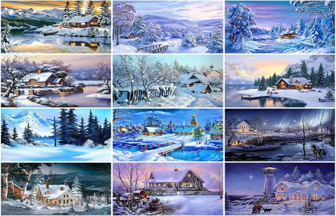 絵画DIY 5Dダイヤモンドペインティングハウス刺繍冬の雪の景色フルスクワララウンドモザイク樹脂風景クロスステッチキット5864268