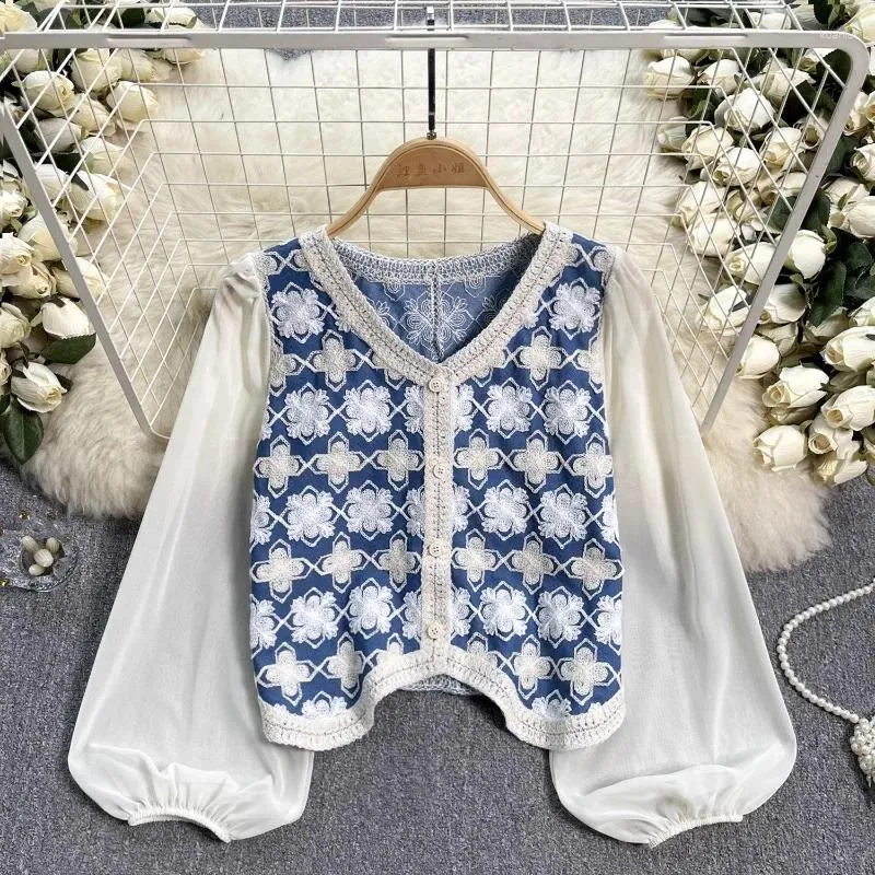 Blouses Femmes Printemps Mode Femmes Blouse Ventes Floral Crochet Couleur Patchwork Chemises Skinny Français Chic Polyvalent Femme Blusa Dropship