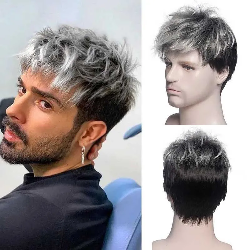 Perruques synthétiques hommes perruque synthétique courte bouclée Ombre gris brun perruque pour hommes cheveux quotidien réaliste perruques naturelles 240329