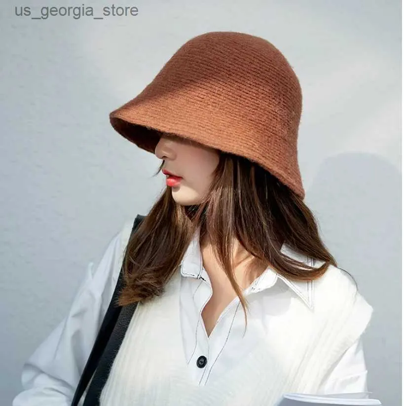 Wide Brim Hats Bucket Hats 2020 New Fashion Solid Wool Bucket Hat Women Autumn Winter Fisherman Hat Vintage Knitting Wool Basin Cap Present Y240319