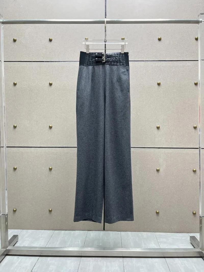 Pantalon femme taille haute en cuir ceinture en caoutchouc Patchwork laine Pants3.7