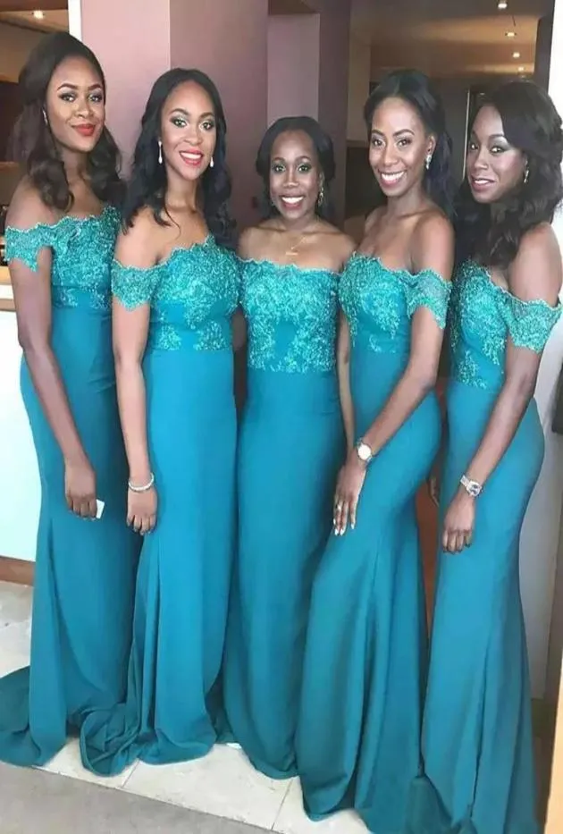 Turquoise Teal Blue Mermaid Bridesmaid Dresses Off Shoulder Lace Applique African Wedding Guest Maid of Honor Gowns BD89605948432