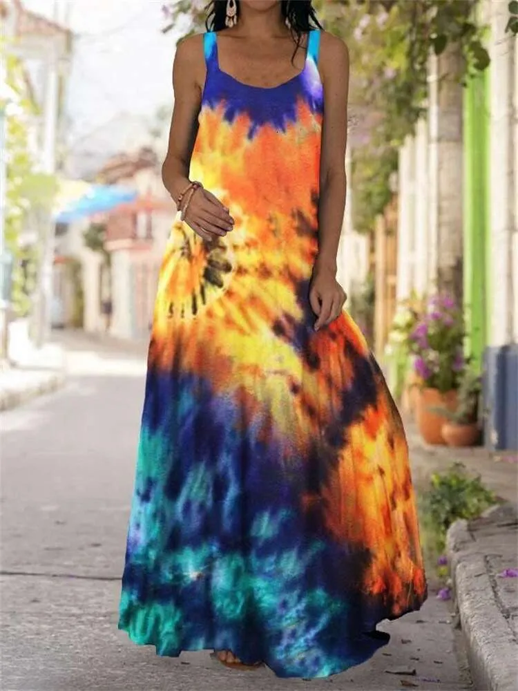 Designer-Damenmode-Freizeitkleid 2024 Sommer Neues Batik-3D-gedrucktes Kleid Böhmisches Trägerschulter-Bodenkleid Maxikleider für Damen Damenkleider URGE