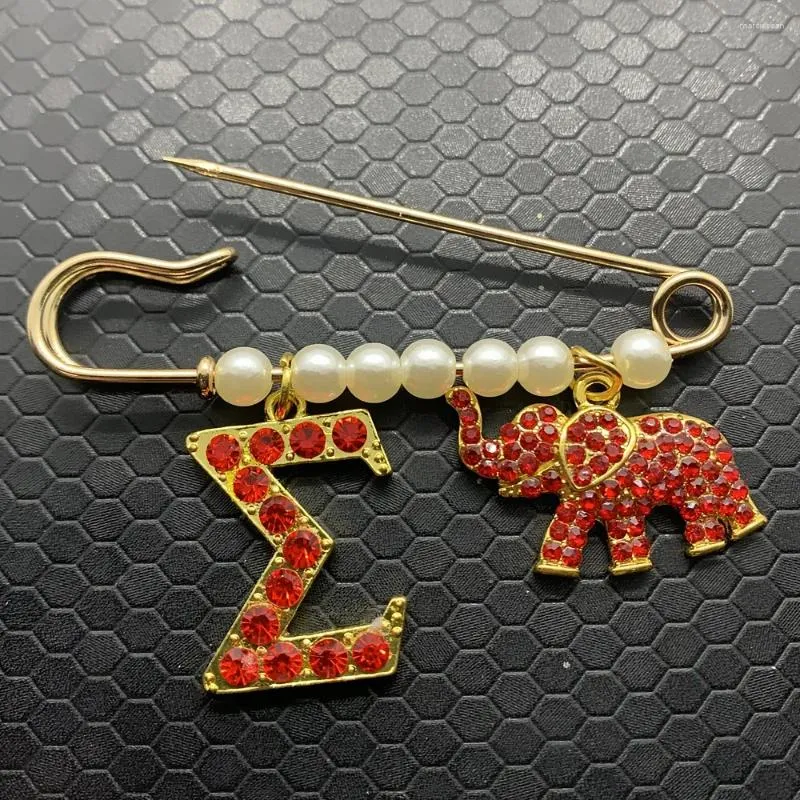 Brooches Red Rhinestone Inlaid Metal Elephant Pendant Brooch Greek Letter SIGMA Charm Label Sorority Society Jewelry Pin