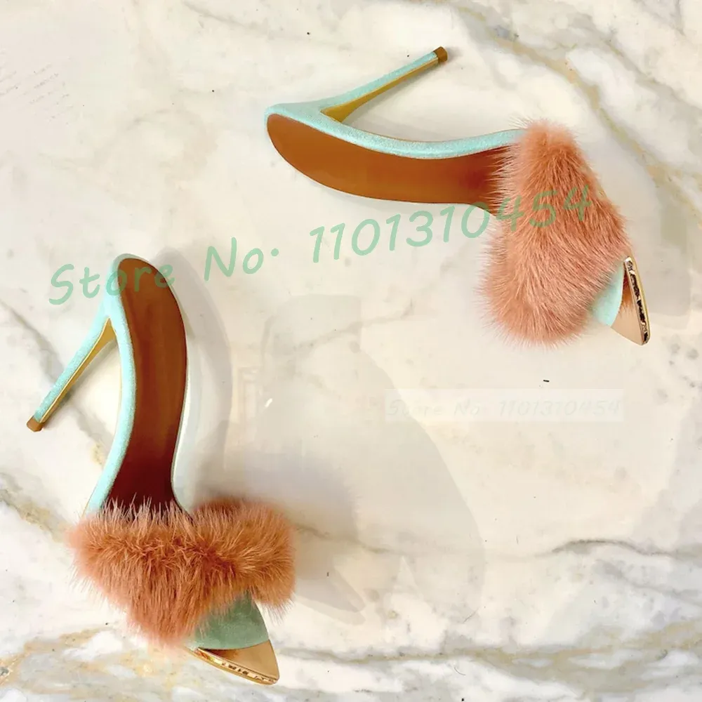 Slippers Gold Pointy Green Talèled Slippers with Fur Women Summer Sexy Sexy Pink Fluff Shoes Lady Comels Party Casual High Heels Slippers