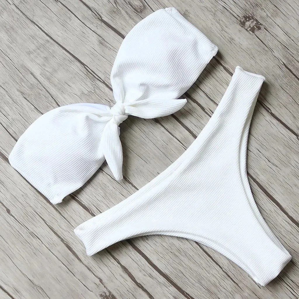 Womens white bikini swimsuit luxury Bichiuni set T-shaped swimsuit solid color cute strapless bikini two-piece swimsuit 240319