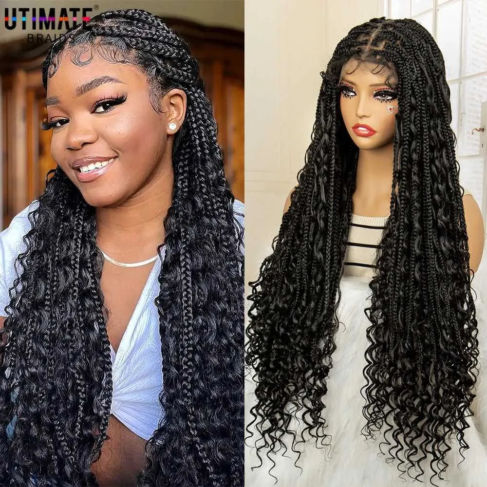 Synthetic Wigs 32 Inch Long Curly Braided Wigs Box Braiding Wig with Baby Hair Full Lace Frontal Wig Curly Wig with Braids for Women Daily Use 240329