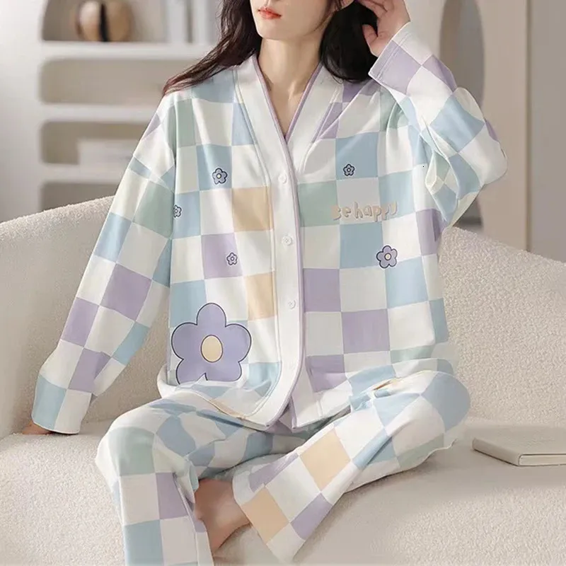 Koreli kadın pijama seti kimono bahar sonbahar sevimli karikatür pijamas uzun kollu pijama moda kadın salon pijamaları 240314