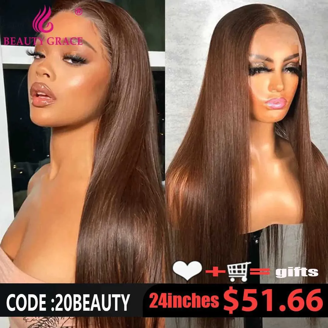 Syntetiska peruker Syntetiska peruker Dark Brown Straight 13x4 Spets Front Wig Chocolate Brown Bone Straight Human Hair Wigs Flash Sale Beauty Grace 240329