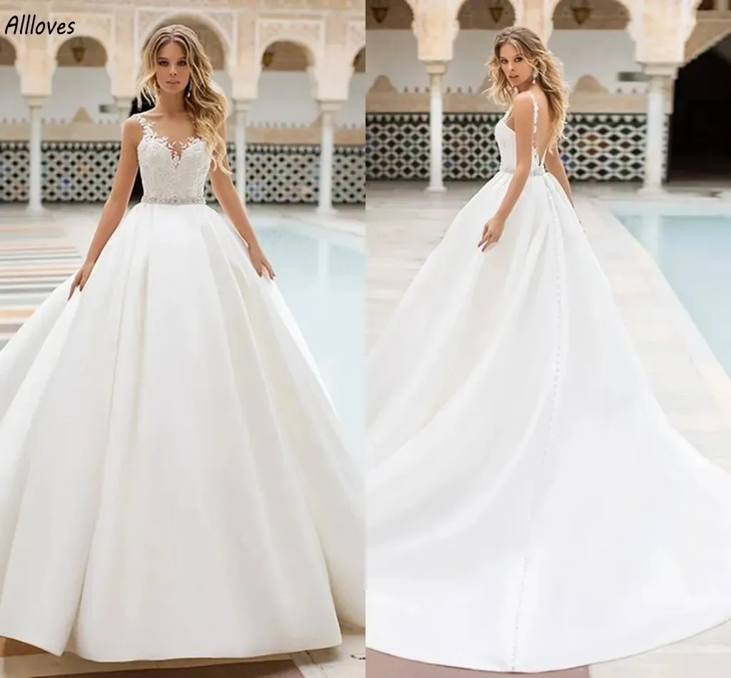 Robe de mariée en satin blanc moderne, robe de mariée en dentelle avec cristaux appliqués, ceinture, style Boho, jardin, princesse bouffante, sexy, dos nu, robes de mariée YD