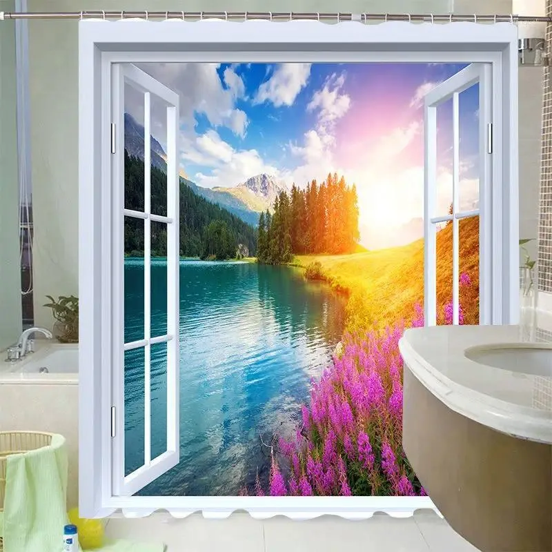 Shower Curtains Tropical Landscape Curtain 3D Open Window Ocean Beach Starfish Shell Palm Tree Scenery Waterproof Bathroom Decor