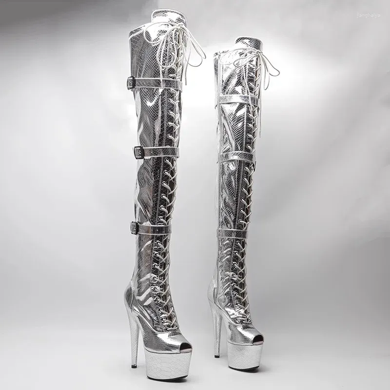 Танцевальная обувь, женские сапоги до бедра из искусственной кожи на платформе и высоком каблуке 17 см/7 дюймов, с открытым носком 172